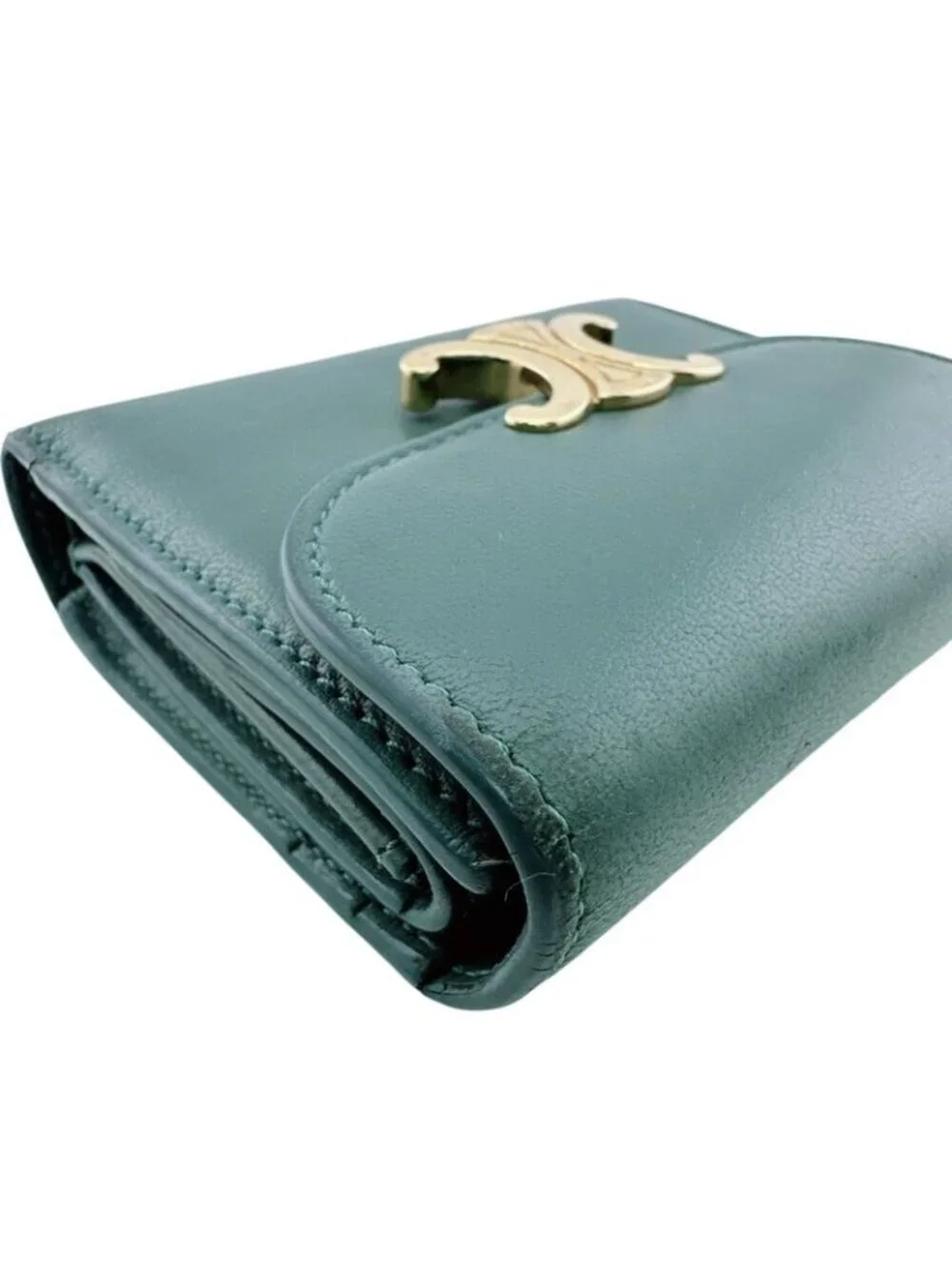 Celine Compact Wallet Small Flap Triomphe Leather Trifold Green - Picture 3 of 8